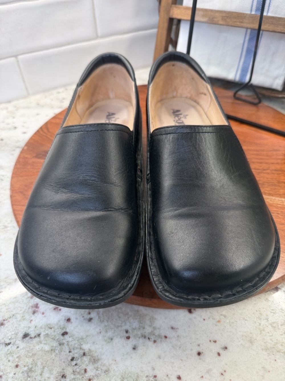 Alegria Black Leather Slip-On Clogs
